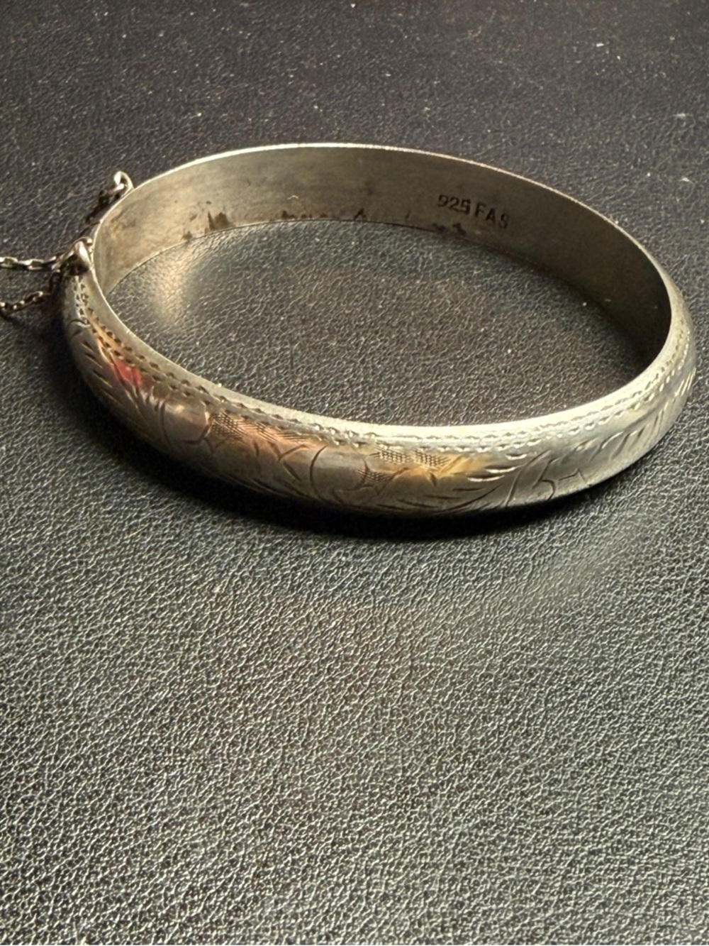 Vintage FAS Sterling Etched Hinged Bangle Bracelet Safety Chain 7.25" 14.5 grams